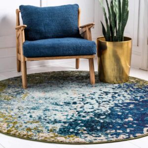 Unique Loom Estrella Collection Abstract, Modern, Light Colors, Distressed Area Rug, 6' 1" x 6' 1", Blue/Beige