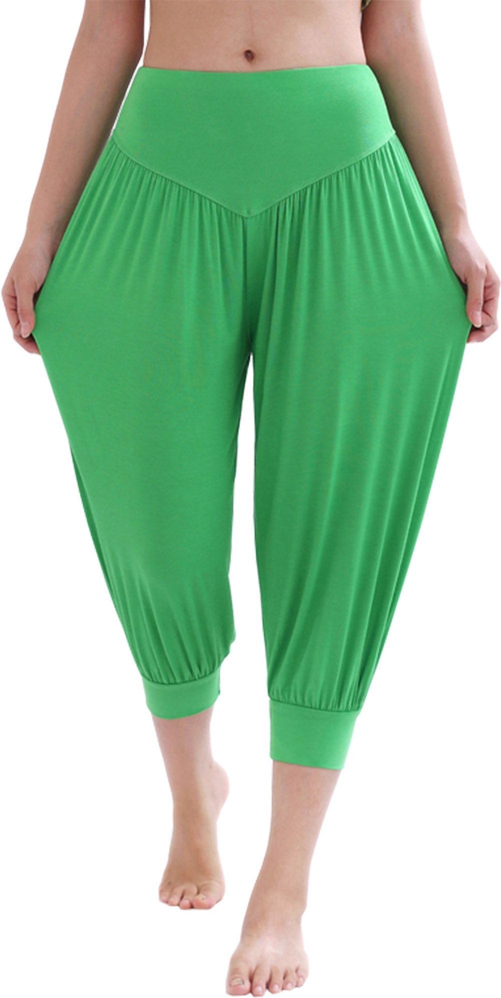 Hoerev Women Super Soft Modal Spandex Harem Yoga Pilates Capri Pants Lounge Pant,Green,Large