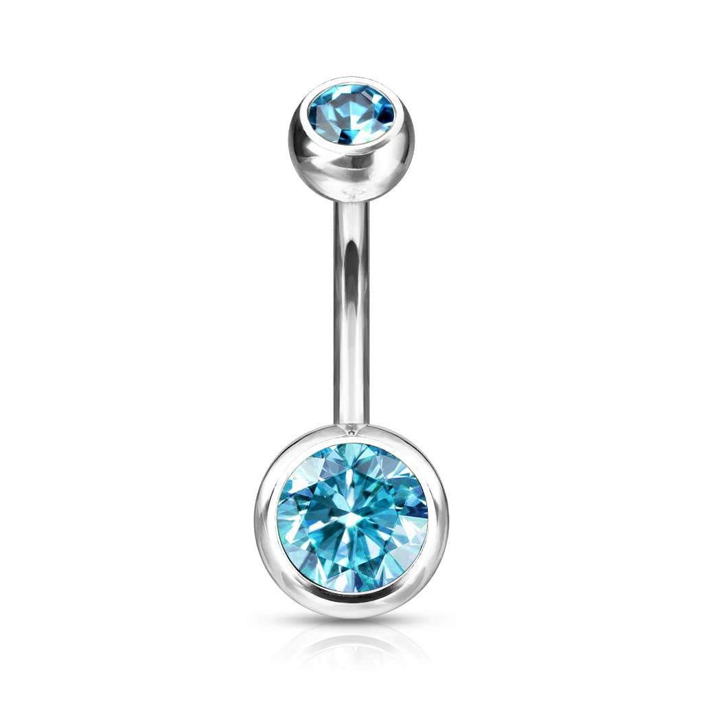 Forbidden Body Jewelry 14g Titanium Double Jeweled Aqua Blue CZ Crystal Belly Button Ring