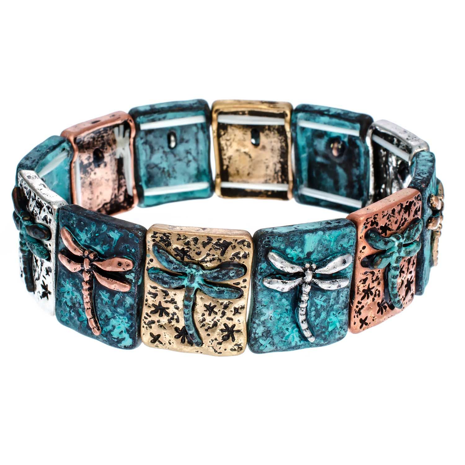 PammyJ Tri-Tone Dragonfly Stretch Bracelet with Patina Finish