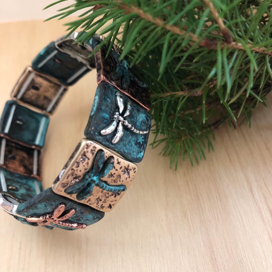 PammyJ Tri-Tone Dragonfly Stretch Bracelet with Patina Finish