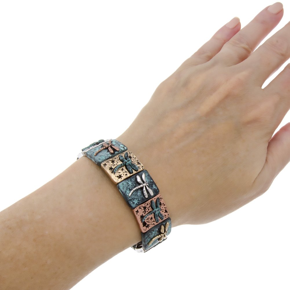 PammyJ Tri-Tone Dragonfly Stretch Bracelet with Patina Finish