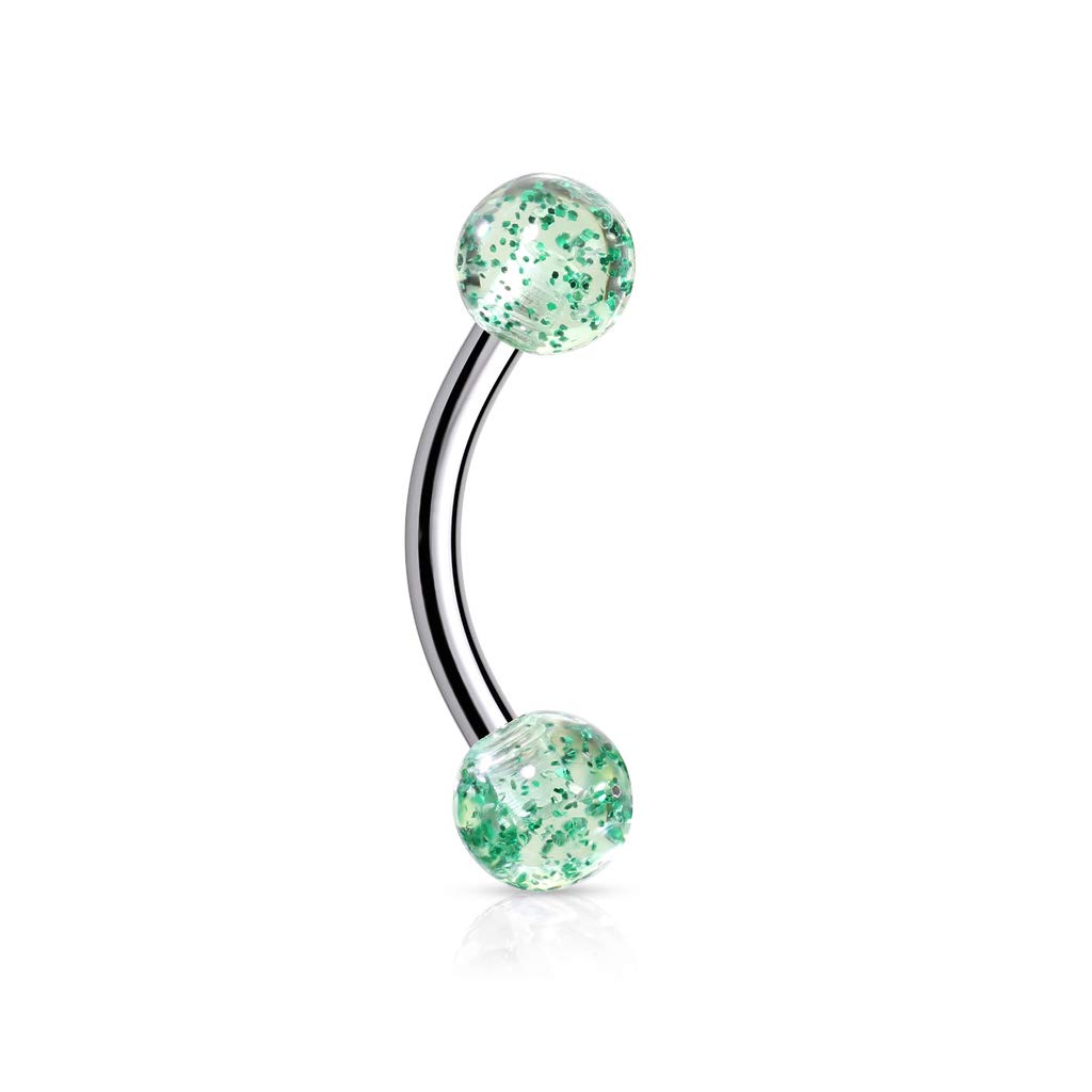 Forbidden Body Jewelry 16g 8mm Daith Earring, Eyebrow Ring and Rook Piercing, Surgical Steel, Green Glitter End Balls