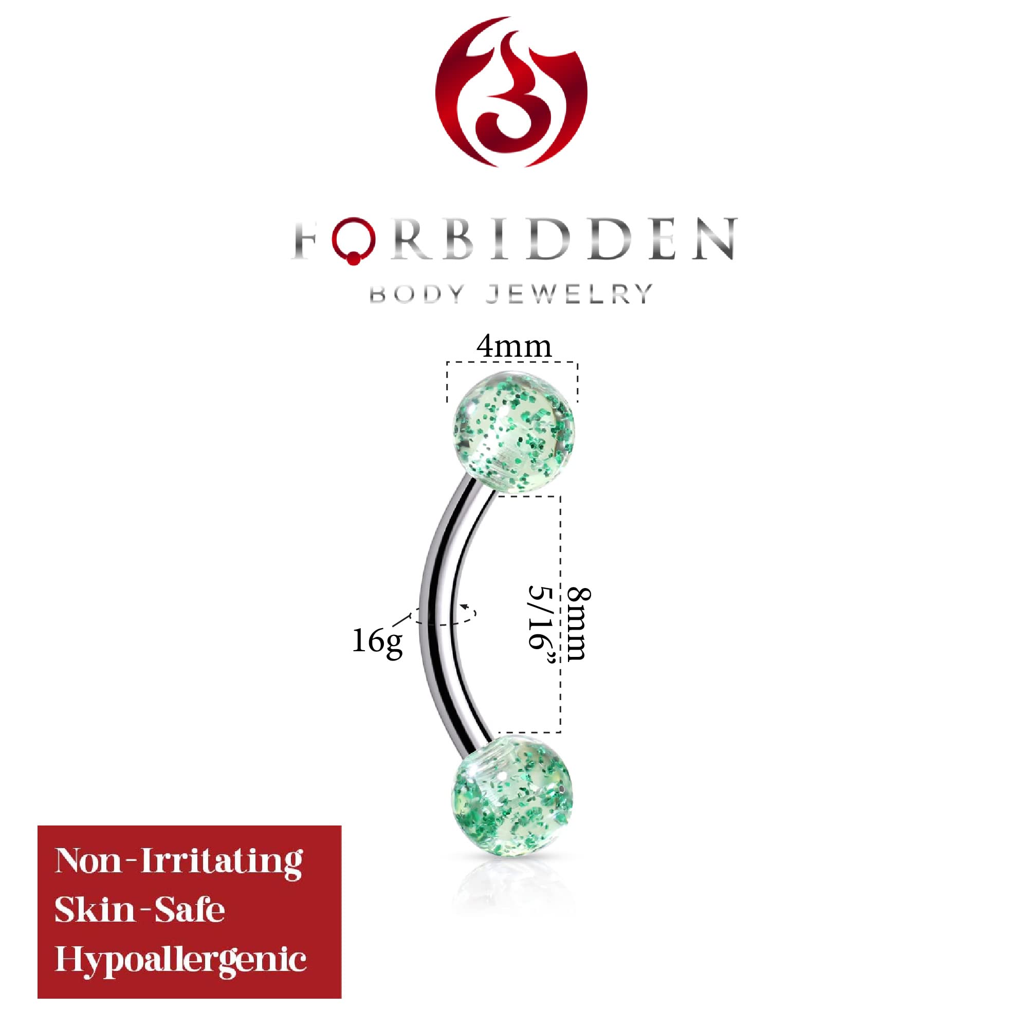 Forbidden Body Jewelry 16g 8mm Daith Earring, Eyebrow Ring and Rook Piercing, Surgical Steel, Green Glitter End Balls