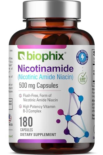 biophix B-3 Nicotinamide 500 mg 180 Caps - Nicotinic Amide Niacin Natural Flush-Free Vitamin Formula - Supports Skin Cell Health