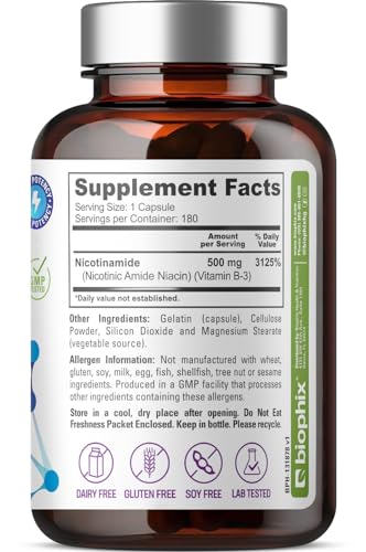 biophix B-3 Nicotinamide 500 mg 180 Caps - Nicotinic Amide Niacin Natural Flush-Free Vitamin Formula - Supports Skin Cell Health