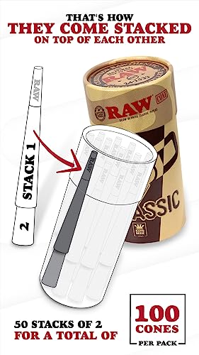 RAW Cones Classic King Size | 100 Pack | Natural Pre Rolled Paper with Tips and Packing Tubes Included