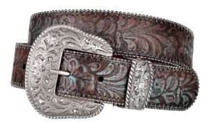 western scroll buckle with turquoise tinted embossed brown leather belt (s)