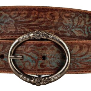 Distress Embossed Brown and Teal Leather Belt with Rhinestone Ring Buckle (M)