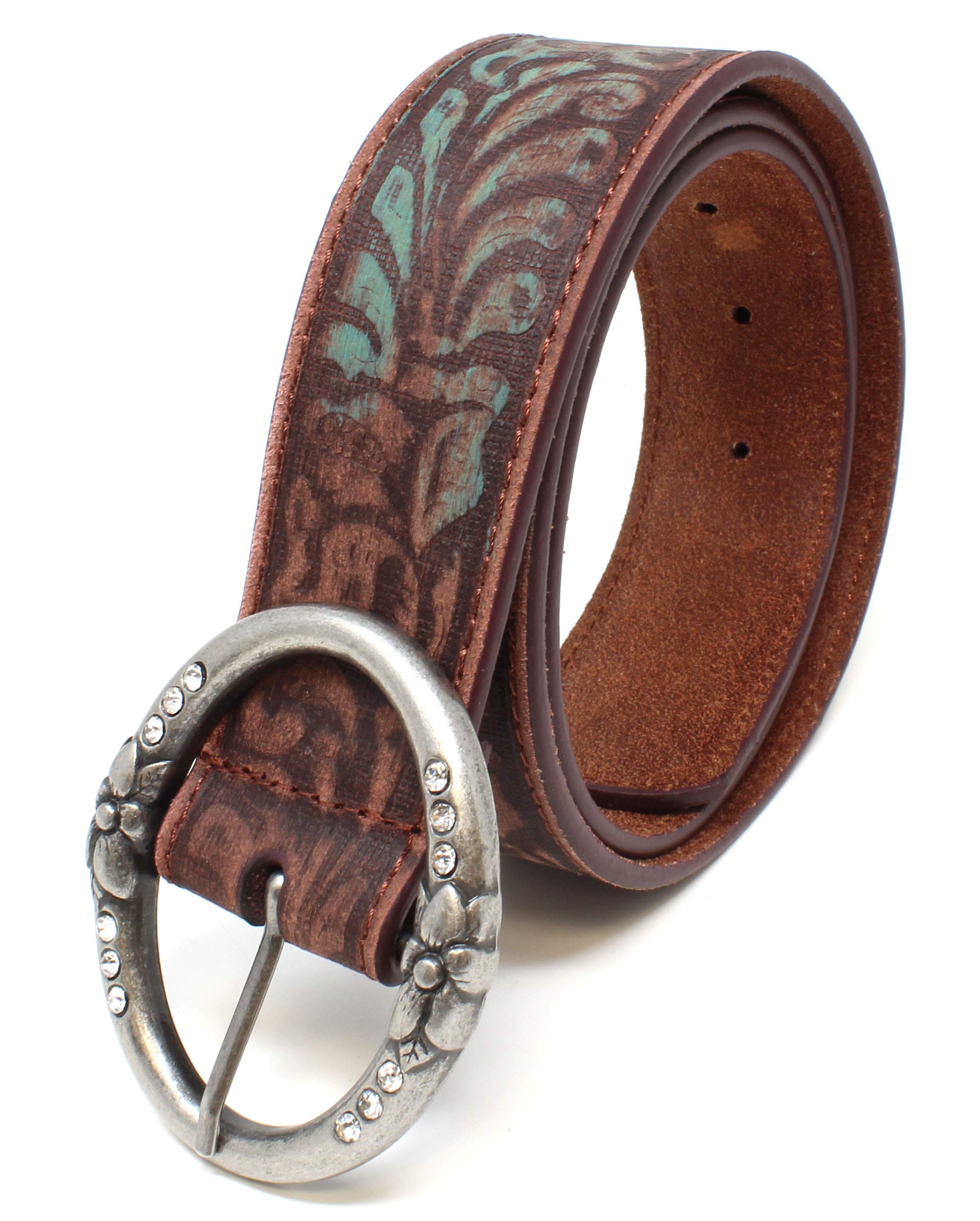 Distress Embossed Brown and Teal Leather Belt with Rhinestone Ring Buckle (M)