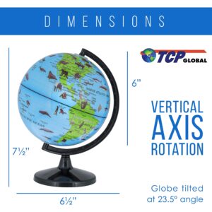 TCP Global 6" World Globe with Wildlife Animals of the World - Zoo, Blue Oceans, Vertical Axis Rotation - Educational Map, Learn Earth's Geography - School, Home Office, Shelf Desktop Display