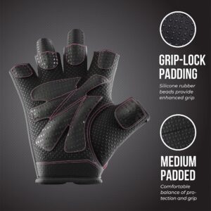 Contraband Pink Label 5137 Women's Padded Weight Lifting and Rowing Gloves w/Grip-Lock Padding (Pair) - Machine Washable Fingerless Workout Gloves Designed Specifically for Women (Pink, Small)