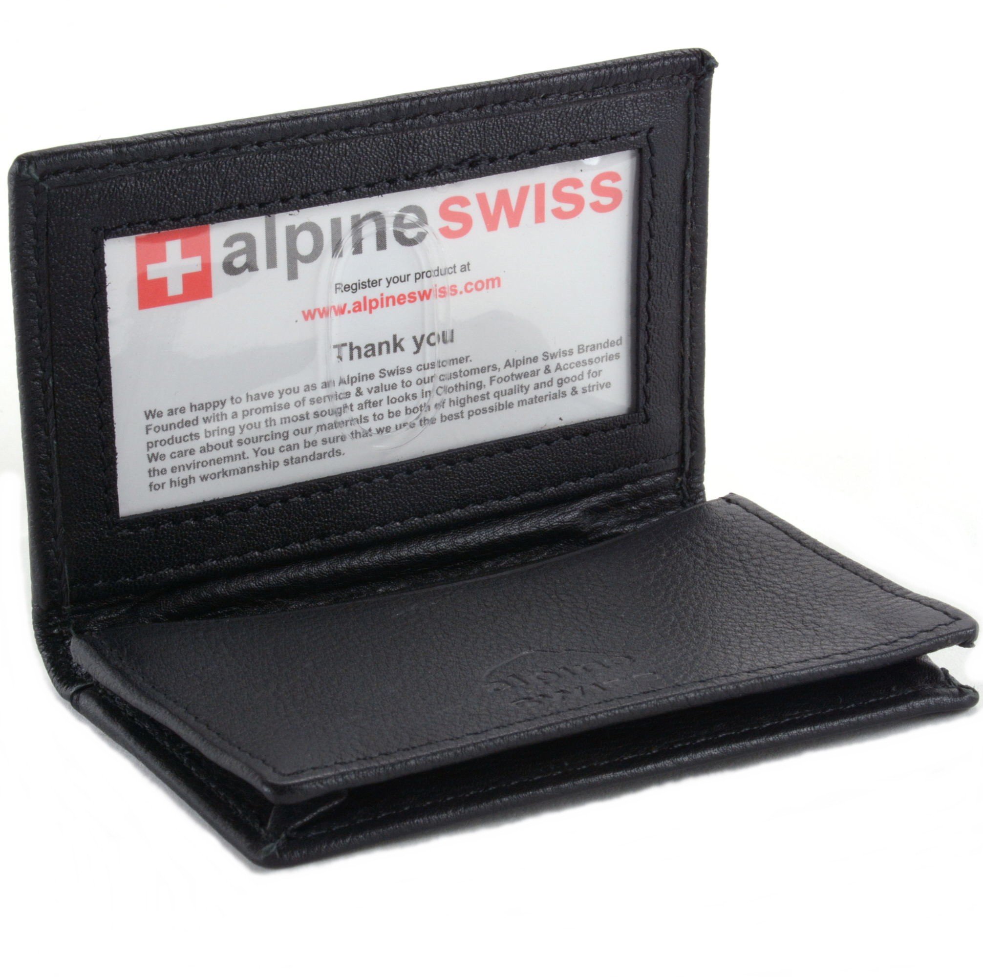 Alpine Swiss Classic Leather Business Card Wallet with ID Window - Expandable pocket - Thin Slim Billfold Credit Card Case