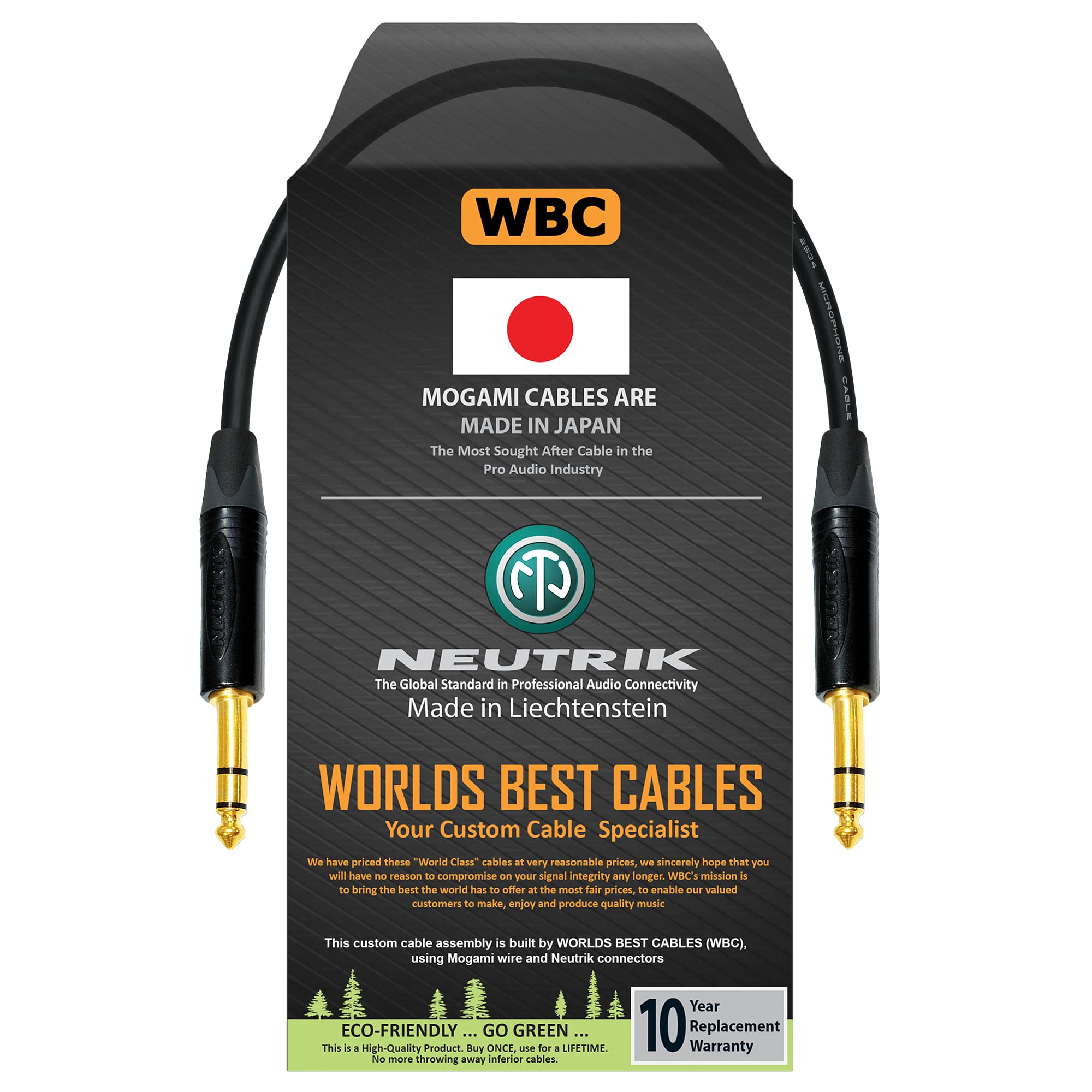 WORLDS BEST CABLES 6 Inch –Quad Balanced Patch Cable CUSTOM MADE using Mogami 2534 wire and Neutrik NP3X-B ¼ Inch (6.35mm) TRS Stereo Phone Plugs