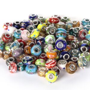 BRCbeads 100Pcs Mix Silver Plate STYLE4 Murano Lampwork European Glass Crystal Charms Beads Spacers Snake Chain Charm Bracelets.