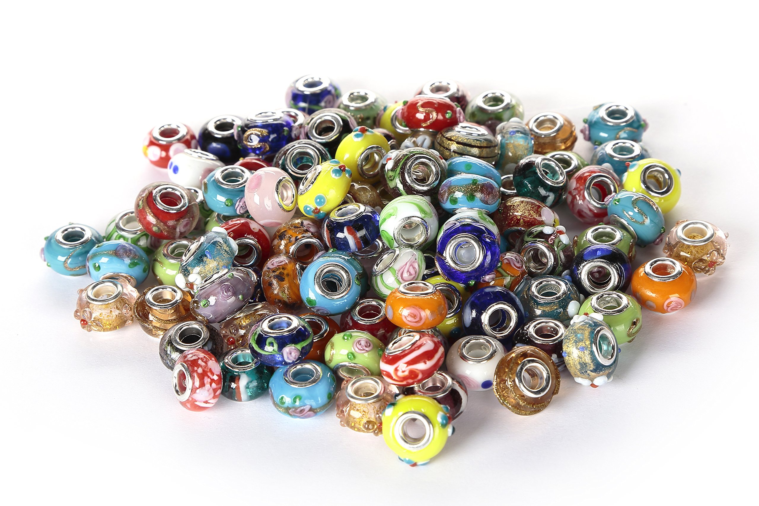 BRCbeads 100Pcs Mix Silver Plate STYLE4 Murano Lampwork European Glass Crystal Charms Beads Spacers Snake Chain Charm Bracelets.