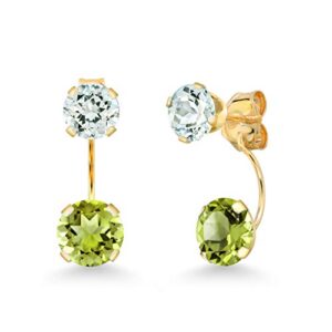 gem stone king 14k yellow gold green peridot and sky blue aquamarine dual drop 2 stone round earrings for women (3.00 cttw, gemstone birthstone, round 6mm and 5mm)