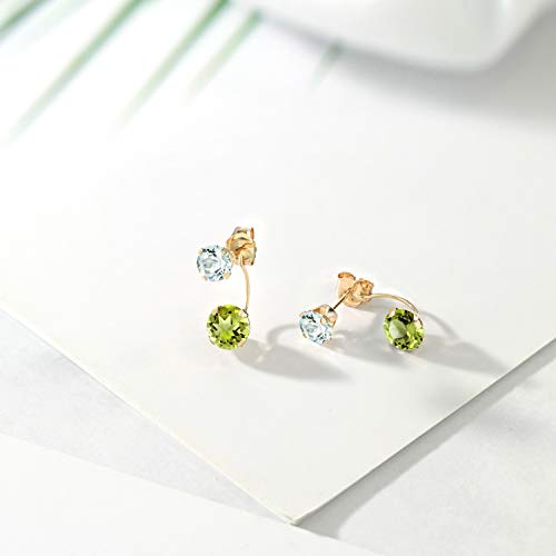 Gem Stone King 14K Yellow Gold Green Peridot and Sky Blue Aquamarine Dual Drop 2 Stone Round Earrings for Women (3.00 Cttw, Gemstone Birthstone, Round 6MM and 5MM)