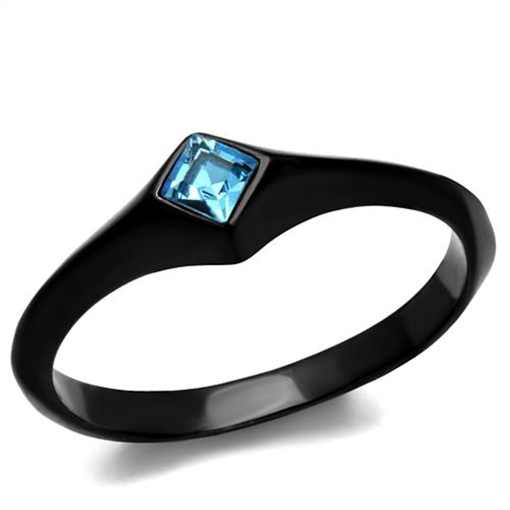 Marimor Jewelry Women Princess Cut Sea Blue Cubic Zirconia Stainless Steel Black Engagement Ring Size 6