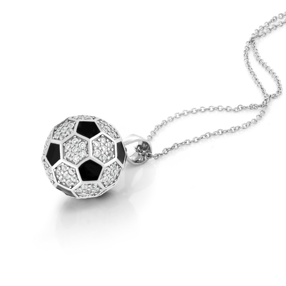 Gem Stone King 925 Sterling Silver Soccer Ball Pendant Necklace with Shimmering White Zirconia Stones | 1.30 Cttw | 1/2 Inch | A Stunning Gift for Soccer Fans and Athletes! | With 18 Inch Silver Chain