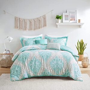 intelligent design senna comforter set full/queen size - aqua blue/gray, damask – 5 piece bed sets – all season ultra soft microfiber teen bedding - great for guest room and girls bedroom