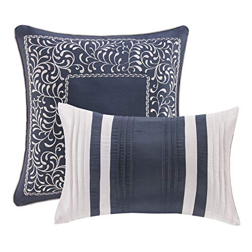 Madison Park Medina Comforter Set-Casual Jacquar Damask Design All Season Cozy Bedding, Matching Bedskirt, Shams, Decorative Pillows, Queen (90 in x 90 in), Damask Navy 8 Piece