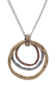 of earth and ocean handmade sunrise pendant necklace, triple circles in tri-tone copper, brass, and silver