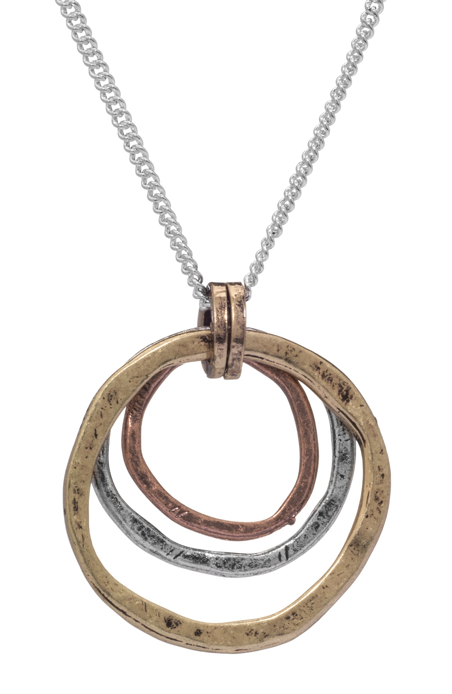 Of Earth and Ocean HANDMADE Sunrise Pendant Necklace, Triple Circles in Tri-Tone Copper, Brass, and Silver