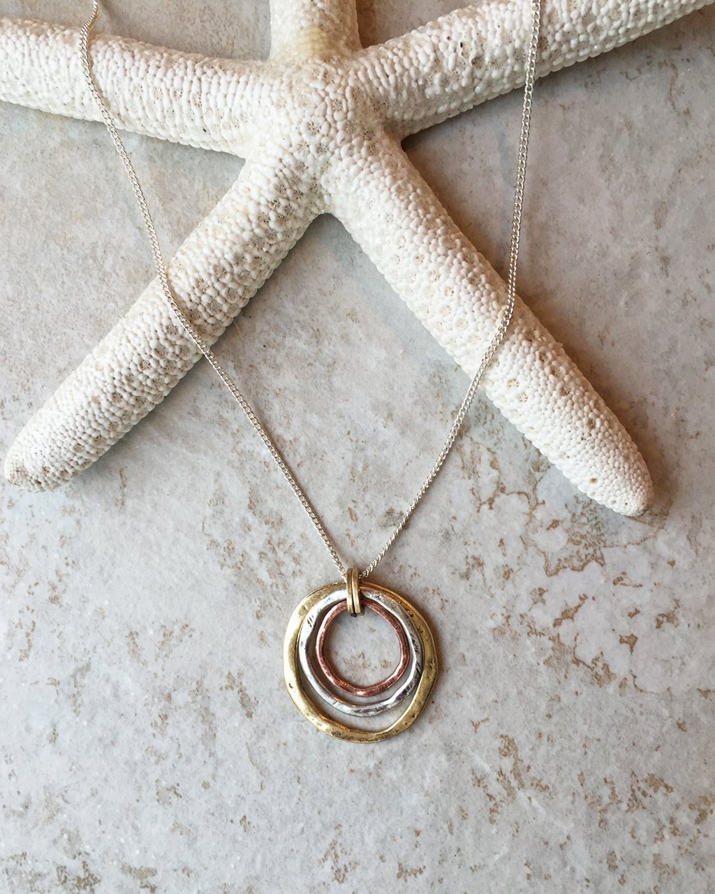 Of Earth and Ocean HANDMADE Sunrise Pendant Necklace, Triple Circles in Tri-Tone Copper, Brass, and Silver