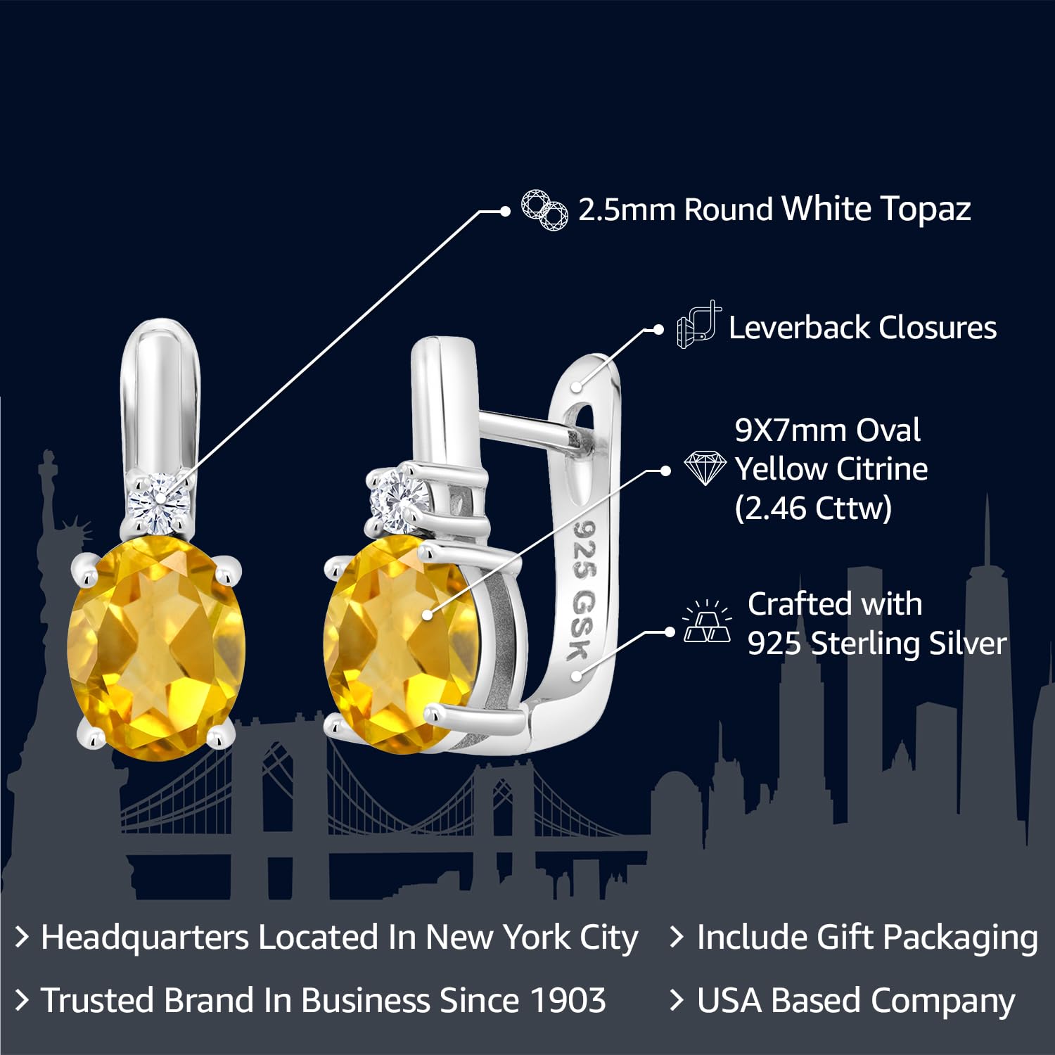 Gem Stone King 925 Sterling Silver Yellow Citrine and White Topaz Earrings For Women (2.46 Cttw, Gemstone November Birthstone, Oval 9X7MM)