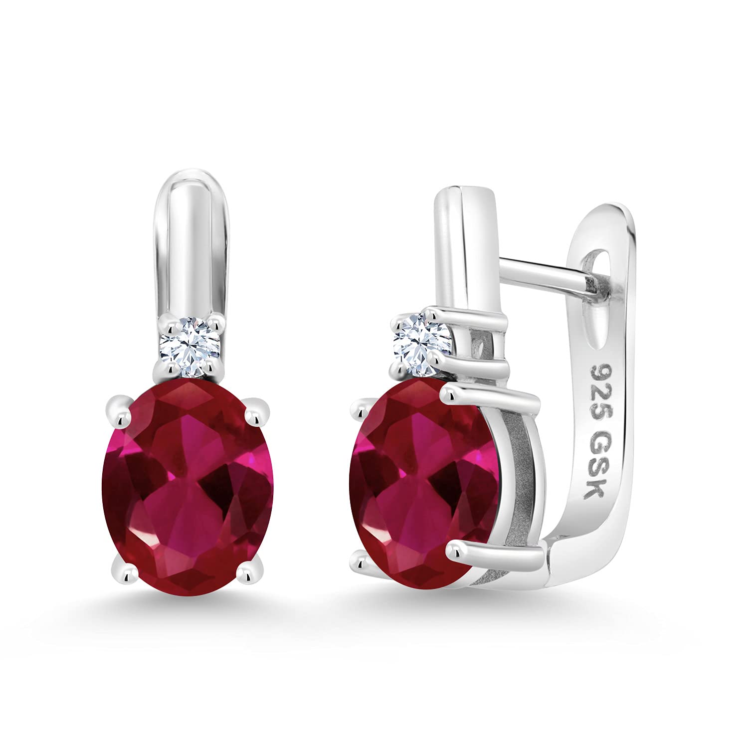 Gem Stone King 925 Sterling Silver Red Created Ruby and White Zirconia Earrings For Women (4.09 Cttw, Gemstone July Birthstone, Oval 9X7MM)