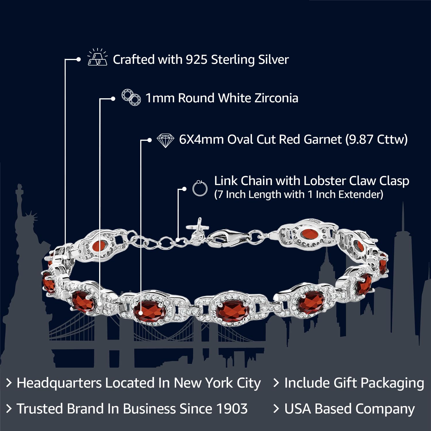 Gem Stone King 925 Sterling Silver Red Garnet Tennis Bracelet For Women (9.87 Cttw, Gemstone Birthstone, 7 Inch With 1 Inch Extender)