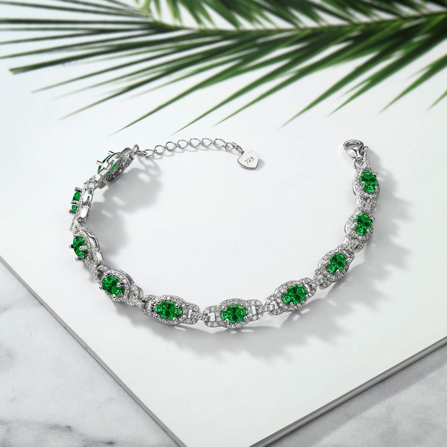 Gem Stone King 925 Sterling Silver Oval Green Simulated Emerald Tennis Bracelet For Women (7.45 Cttw, 7 Inch, With 1 Inch Extender)