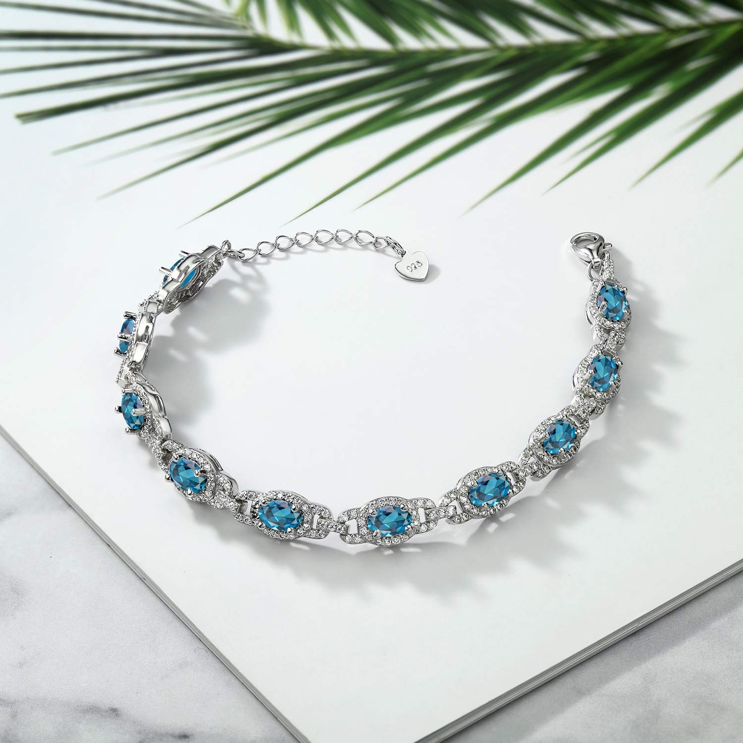 Gem Stone King 925 Sterling Silver London Blue Topaz Tennis Bracelet For Women (10.20 Cttw, Gemstone Birthstone, Oval 6X4MM, 7 Inch With 1 Inch Extender)