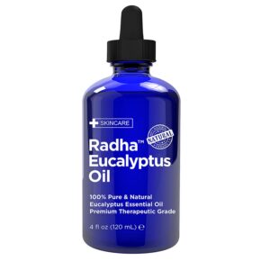 radha beauty eucalyptus essential oil 4 oz - 100% pure & therapeutic grade, steam distilled for aromatherapy, relaxation, shower, sauna, bath, steam room and other diy projects.