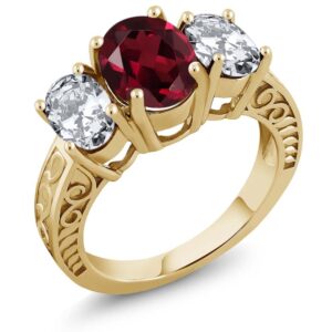 gem stone king 18k yellow gold plated silver oval red rhodolite garnet 3-stone ring for women (5.00 cttw, gemstone birthstone, available in size 5, 6, 7, 8, 9)