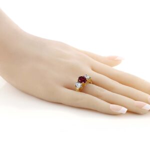 Gem Stone King 18K Yellow Gold Plated Silver Oval Red Rhodolite Garnet 3-Stone Ring For Women (5.00 Cttw, Gemstone Birthstone, Available In Size 5, 6, 7, 8, 9)