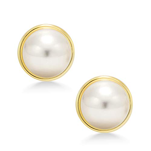 Gem Stone King 14K Yellow Gold 8MM White Button Shape Cultured Freshwater Pearl Stud Earrings For Women