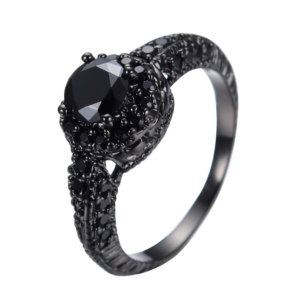 JunXin 10KT Black Gold Ring 8MM Round Cut Diamond Halo Black Stone Rings Onyx Size6/7/8/9/10