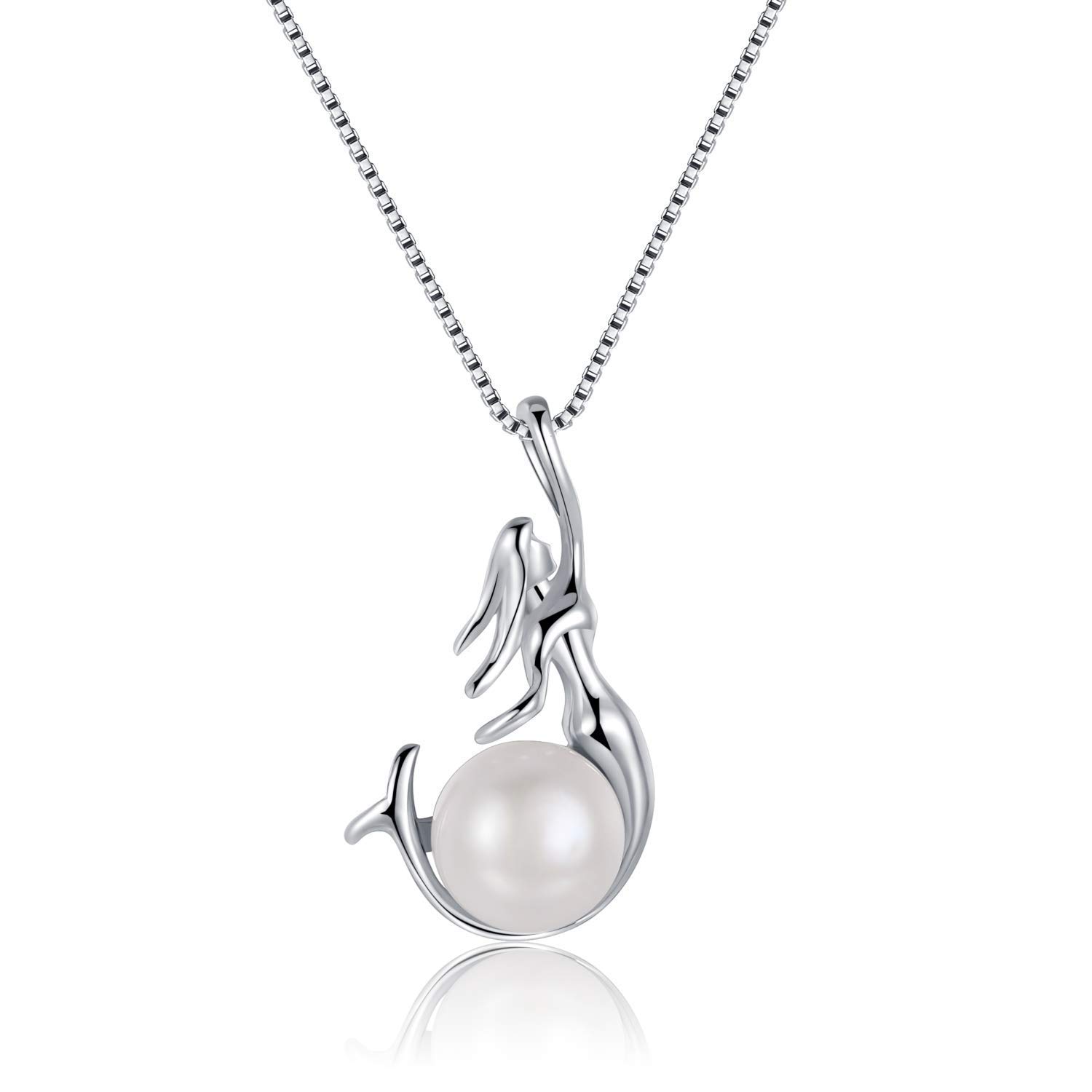 WRISTCHIE Womens Jewelry 925 Sterling Silver and Freshwater-Cultured Pearl Mermaid Pendant Necklace 18+2" (Silver) (Silver)