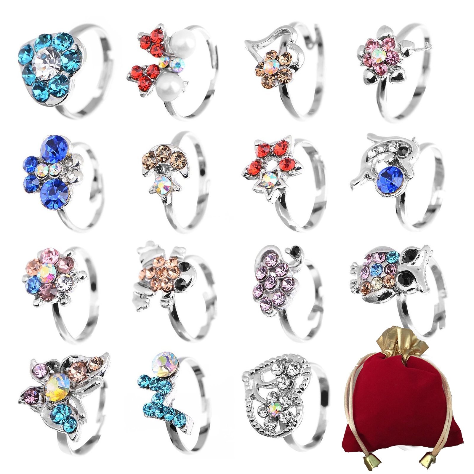 Shuning Children Kids 20pcs Cute Crystal Adjustable Rings Jewelry with Gift Bag