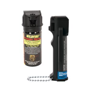 home and away bundle: wildfire 1.4% 2 oz pepper gel sticky pepper spray with flip top actuator, belt clip and key chain and mace 1/2 oz personal pepper spray - lot of 2 as shown