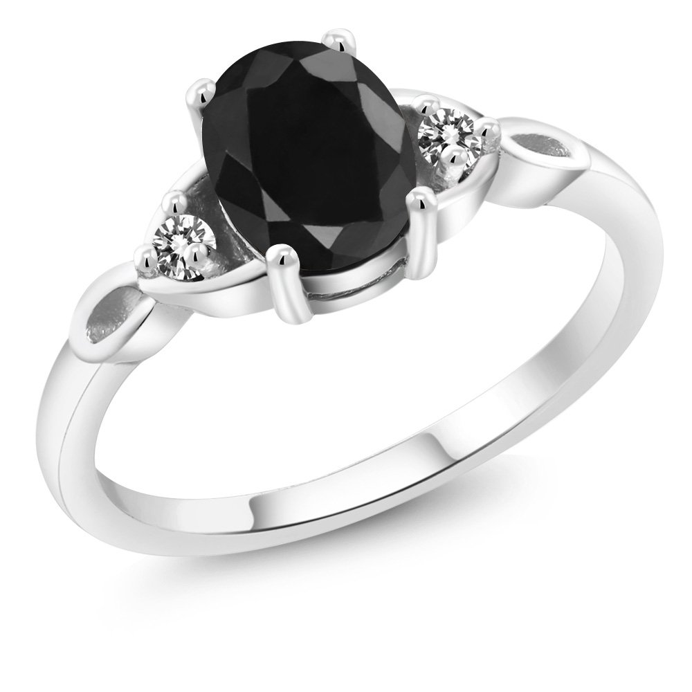 Gem Stone King 925 Sterling Silver Black Sapphire & White Diamond 3-Stone Rings | 1.73 Cttw | Oval 8X6MM | 3 Stone Wedding Engagement Anniversary Promise Ring For Women (Size 6)