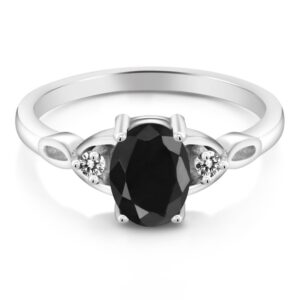 Gem Stone King 925 Sterling Silver Black Sapphire & White Diamond 3-Stone Rings | 1.73 Cttw | Oval 8X6MM | 3 Stone Wedding Engagement Anniversary Promise Ring For Women (Size 6)