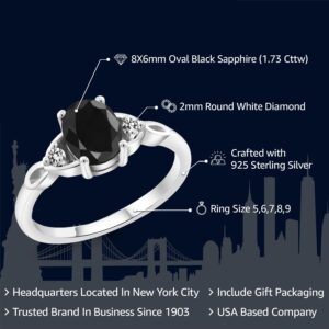 Gem Stone King 925 Sterling Silver Black Sapphire & White Diamond 3-Stone Rings | 1.73 Cttw | Oval 8X6MM | 3 Stone Wedding Engagement Anniversary Promise Ring For Women (Size 6)