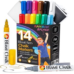 blami arts liquid chalk markers washable -14 ink pens & extra gold and silver colors - chalkboard labels pack included non toxic - reversible tips and erasing sponge included