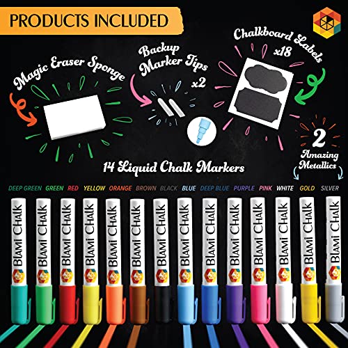 Blami Arts Liquid Chalk Markers Washable -14 Ink Pens & Extra Gold and Silver Colors - Chalkboard Labels Pack Included Non Toxic - Reversible Tips and Erasing Sponge included