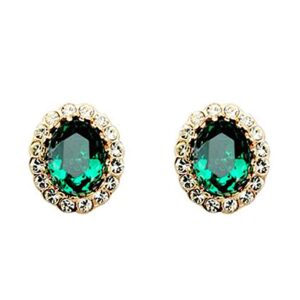 Gold Plated Oval Shaped Emerald Green Swarovski Elements Crystal with Cubic Zirconia Stud Earrings Fashion Jewelry for Women