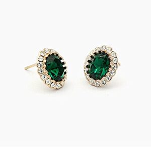 Gold Plated Oval Shaped Emerald Green Swarovski Elements Crystal with Cubic Zirconia Stud Earrings Fashion Jewelry for Women