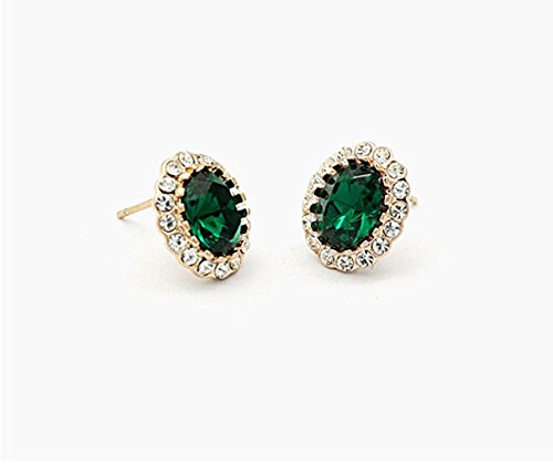 Gold Plated Oval Shaped Emerald Green Swarovski Elements Crystal with Cubic Zirconia Stud Earrings Fashion Jewelry for Women